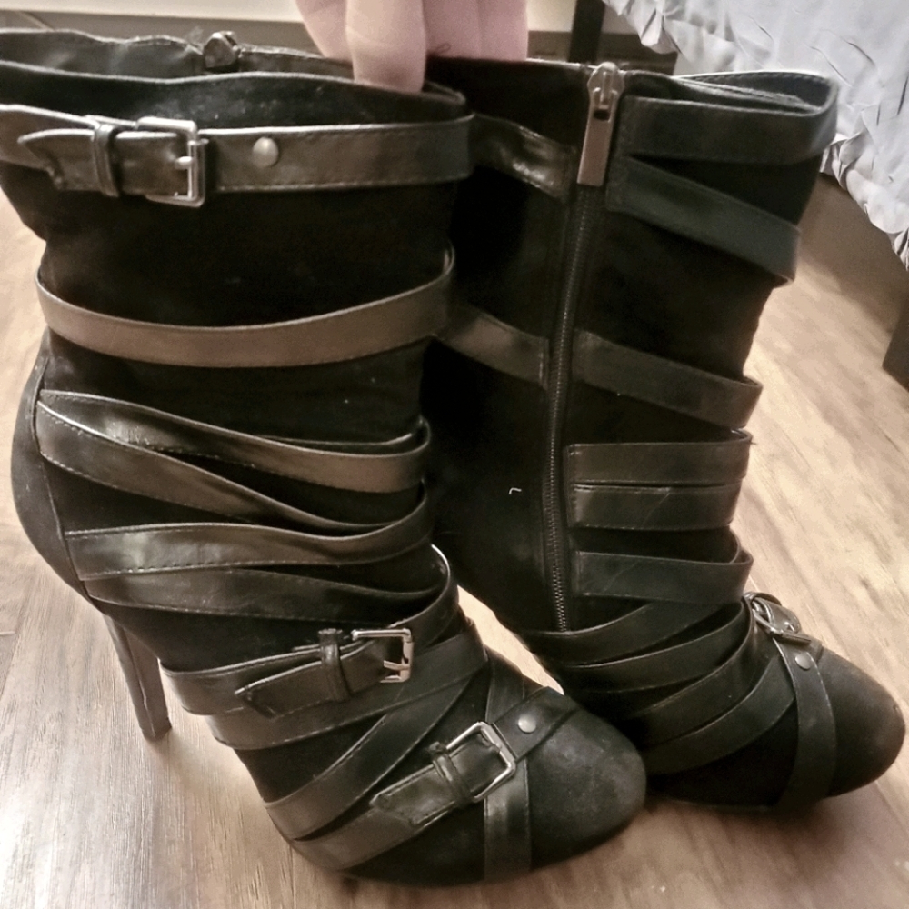 High heeled buckle booties